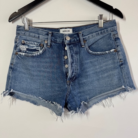 AGOLDE Parker Denim High Rise Distressed Summer Cutoff Shorts Blue Size 27 - Picture 2 of 12